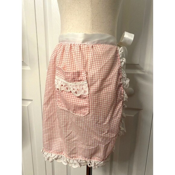 Vtg Handmade Half Apron Lace Red White Diner Pocket Ribbon Bow Cottagecore Chic - Picture 4 of 9